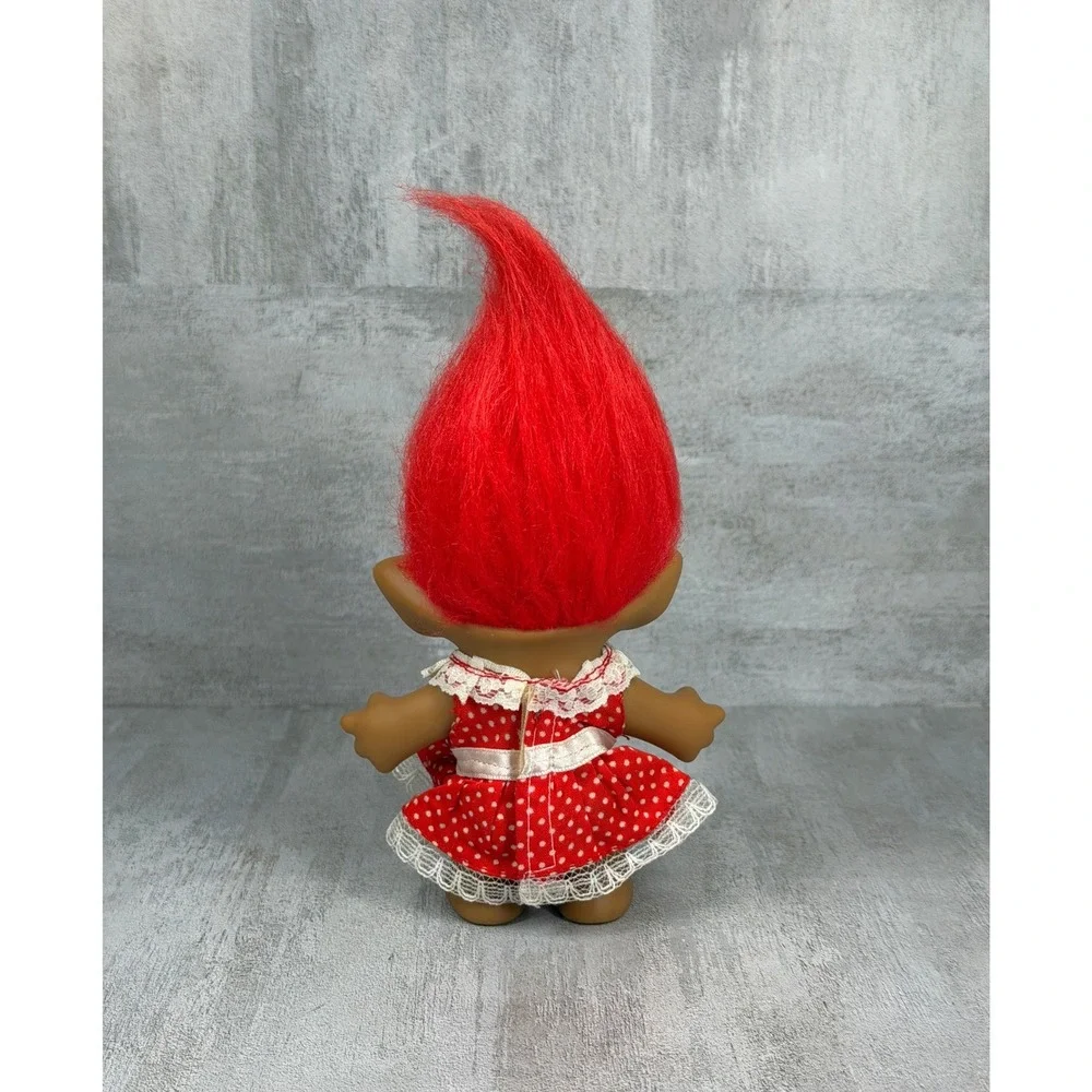 Vintage Ace Novelty Treasure Troll Red Hair Red Gem Polka Dot Dress 3.75
